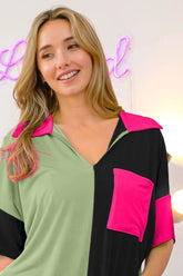 BiBi Slinky Knit Color Block V Neck Front Top SAGE BLACK FUCHSIA OutfitFlow