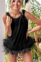 BiBi French Terry Faux Feather Bottom Back Tied Top BLACK OutfitFlow