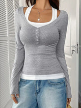 Contrast Long Sleeve Fake Two-Piece T-Shirt Light Gray OutfitFlow