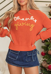 THANKS GIVING Round Neck Long Sleeve Sweater Orange OutfitFlow