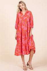 Mittoshop Tiered Printed Collared Neck Midi Dress Coral OutfitFlow