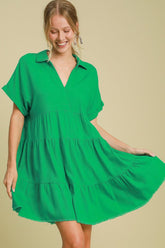 Umgee Full Size Raw Hem Folded Sleeve Tiered Dress Plus Size Green OutfitFlow
