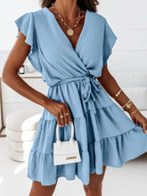 Ruffled Surplice Cap Sleeve Mini Dress Light Blue OutfitFlow