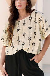 Bow Print Short Sleeve Top Beige OutfitFlow