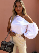 One Shoulder Puff Sleeve Blouse White OutfitFlow