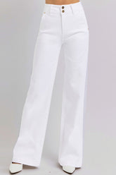 RISEN Full Size Tummy Control Double Button Wide Leg Jeans White OutfitFlow