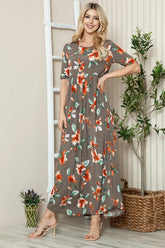 BOMBOM Floral Round Neck Short Sleeve Maxi Tee Dress Coffee Brown OutfitFlow