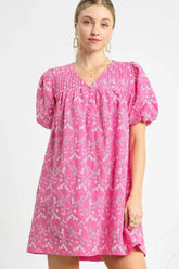 Umgee Floral Puff Sleeve V-Neck Mini Dress Hot Pink OutfitFlow