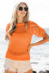 BiBi Crochet Knit Cover Up With Puff Sleeves ORANGE OutfitFlow