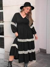 Plus Size Lace Detail V-Neck Long Sleeve Midi Dress Black OutfitFlow