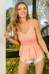 BiBi Eyelet Woven Sleeveless Elasticized Top APRICOT OutfitFlow