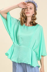 Umgee Full Size Satin Pleated Round Neck Kimono Sleeve Blouse Plus Size Tiffany Blue OutfitFlow