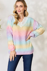 BiBi Rainbow Gradient Crochet Deetail Sweater Pink Multi OutfitFlow