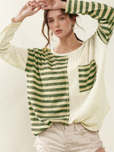 Striped Round Neck Long Sleeve Top Green OutfitFlow