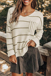 Striped V-Neck Drop Shoulder Sweater White OutfitFlow