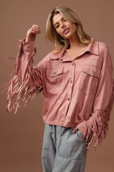 BiBi Suede Fringe Long Sleeve Jacket BLUSH OutfitFlow