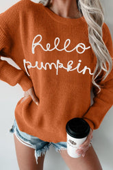 Letter Graphic Round Neck Long Sleeve Sweater Terracotta OutfitFlow