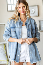 First Love Smile Face Button Down Raw Hem Denim Jacket Denim OutfitFlow