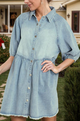 Raw Hem Snap Down Half Sleeve Denim Dress Light OutfitFlow