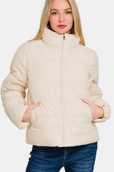 Zenana Zip Up Turtleneck Puffer Jacket with Pockets Cream OutfitFlow