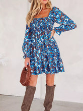 Smocked Bodice High Waist Ruffled Sleeve Floral Dress Dusty Blue OutfitFlow