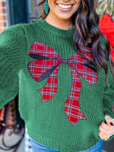 Plaid Bow Graphic Christmas Sweater Dark Green OutfitFlow