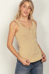 VERY J Washed Ribbed Tank with Placket Detail Beige OutfitFlow