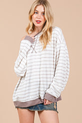 Ces Femme Striped Round Neck Drop Shoulder Sweatshirt Taupe Mocha OutfitFlow