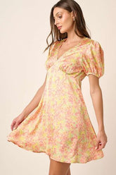 Mittoshop Printed V-Neck Puff Sleeve Mini Dress Yellow Combo OutfitFlow