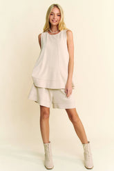 Davi & Dani Contrast Seam Top and Short Set BEIGE OutfitFlow