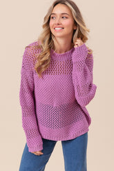 BiBi Openwork Long Sleeve Knit Top Berry OutfitFlow