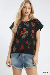 Umgee Embroidered Scallop Sleeve Top with Drawstring Hem BLACK OutfitFlow