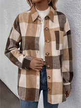 Curved Hem Plaid Collared Neck Shacket Camel OutfitFlow