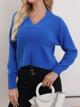 V-Neck Long Sleeve Sweater Royal Blue One Size OutfitFlow