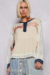 POL Button Detail Floral Patchwork Crochet Sleeve Blouse Beige OutfitFlow
