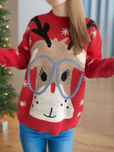 Reindeer Round Neck Dropped Shoulder Sweater Scarlet One Size OutfitFlow