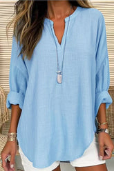 Solid Color Notched Long Sleeve Blouse Light Blue OutfitFlow