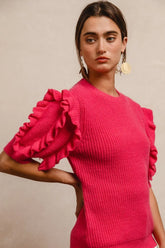 BiBi Ruffle Sleeve Ribbed Sweater FUCHSIA OutfitFlow