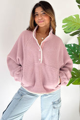 Half Snap Long Sleeve Sweatshirt with Side Slit Pockets Pink OutfitFlow