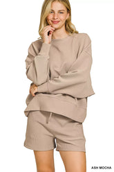 Zenana Ribbed Round Neck Pullover and Shorts Set ASH MOCHA OutfitFlow