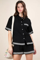VERY J Crinkled Woven Shirt Top & Shorts Set Black OutfitFlow