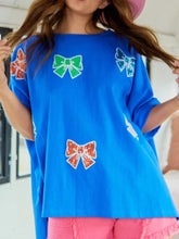 Sequin Bow Round Neck T-Shirt Blue OutfitFlow