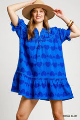 Umgee Heart Pattern Short Sleeve Ruffle Babydoll Dress Royal Blue OutfitFlow