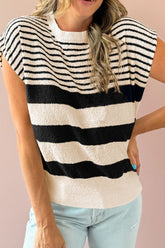 Striped Round Neck Sweater Vest Black OutfitFlow