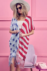 BiBi American Flag Theme Fringed Knit Cardigan NAVY RED OutfitFlow