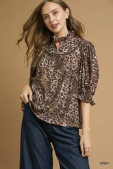 Umgee Leopard Print Ruffle Neck Blouse GREY OutfitFlow