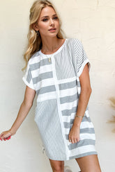 Oh Full Size Striped Round Neck Short Sleeve Mini Tee Dress Gray OutfitFlow