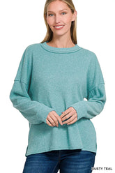 Zenana Brushed Ribbed Hacci Drop Shoulder Sweater DUSTY TEAL OutfitFlow