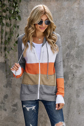 Zip-Up Raglan Sleeve Openwork Hooded Cardigan Orange Gray OutfitFlow