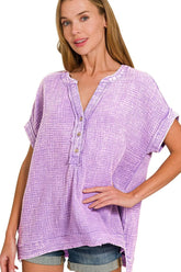 Zenana Washed Double Gauze 3/4 Button Henley Neck Shirt LAVENDER OutfitFlow